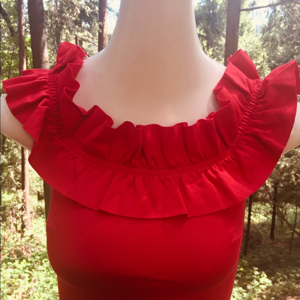 Bebe ruffle neck slim fit saffron red knit off the shoulder dress - Picture 5 of 8